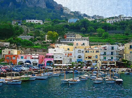 イタリア_カプリ島マリーナグランデの港(油絵風)