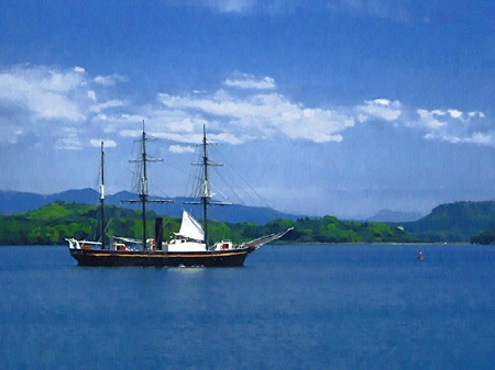 大村湾と帆船観光丸(油絵風)